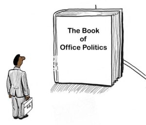 Color illustration of a black professional man standing and looking at a huge book called 'The Book of Office Politics'.
