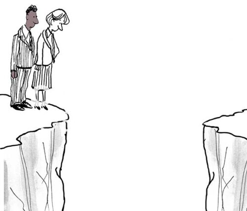 Color illustration of two professional, black male and white female, standing on the edge of a cliff looking down at the chasm below.