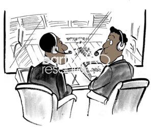 Color illustration of two, black sports broadcasters looking at each other and talking as they call a football game.