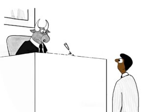 Color illustration of black, male lawyer standing in a courtroom and talking with the judge, who is a bull.