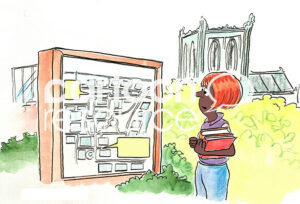 Color illustration of a lost African American teen woman looking at the campus map.