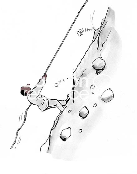 Color illustration of a black male professional climbing a steep hill with a rope assisting, which represents learning a new job role.
