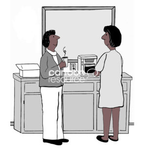 Color illustration of two attractive, middle-aged, black professional women taking a break from work in the coffee break room.