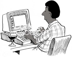 B&W illustration of a black man sitting at his computer, chatting online with a glass of wine beside him.