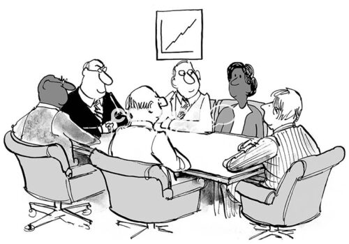 B&W illustration of a business team meeting. The team is smiling at the black businesswoman who brought success.