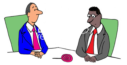 Color illustration of a white businessman giving a lollipop to a black businessman to reward the black man for his excellent work. The black man is surprised and disappointed.