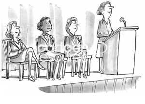 B&W illustration showing a white female professional standing and speaking at a podium. Three professional women of mixed races are in the speaker panel sitting behind her.
