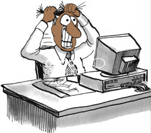 Color illustration of a black professional sitting at his desk, grimacing at his computer and pulling at his hair.