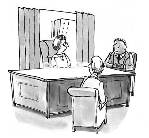 B&W illustration of a white female professional boss and two male coworkers, of mixed races in a meeting.