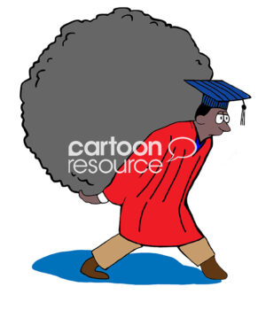 Color illustration of a black male college student, wearing cap and gown, carrying a huge load of debt on his back.