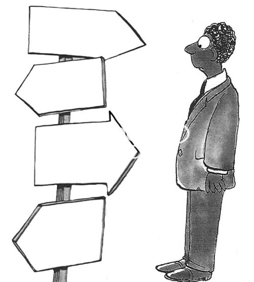 B&W illustration of a professional black male looking at a sign that has arrows pointing in many directions. There is not a clear path forward.