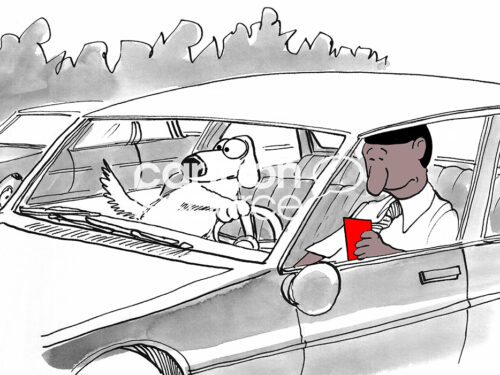 Color illustration of a professional black man in his car, but he is texting on his phone so his dog takes over and drives the car.