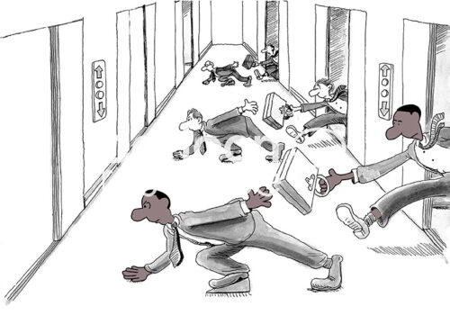 Color illustration of black and white professionals rushing to catch the next elevator at the end of the work day.