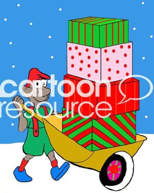 Color illustration of a black elf pushing a wheelbarrow of wrapped Christmas presents on the snow in the North Pole.
