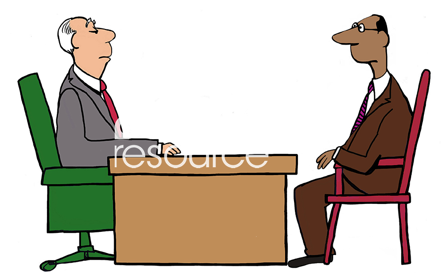 Color illustration of a black professional man in a meeting with a smug white boss.
