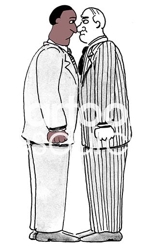 Color illustration of a black male professional standing eye to eye with a white male professional, they are in conflict.
