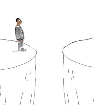 Color illustration of a black male professional standing on the edge of a cliff, there is uncertainty.