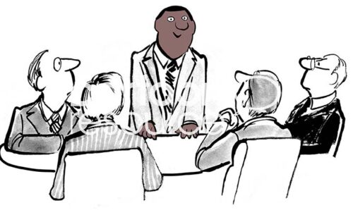 Color illustration of a professional black man standing, smiling and about to present to his four white male coworkers.