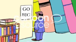 Color illustration of a professional black man reading a 'go big' sign in a library with an array of books.