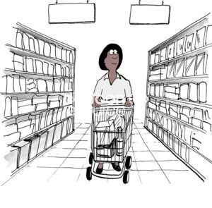 Color illustration of a black female pushing her cart down the grocery store aisle to get groceries for her family.