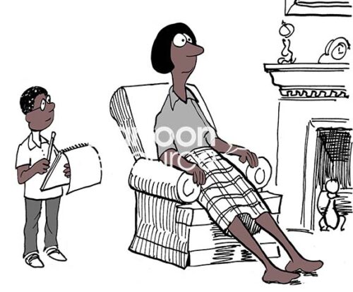 Color illustration of a young black boy asking his black mom a difficult homework question.
