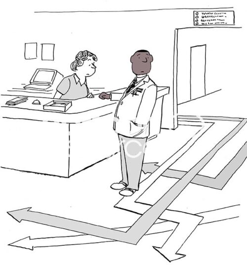 Color illustration of an African American doctor and a white female nurse looking at an array of confusing arrows on the hospital floor.