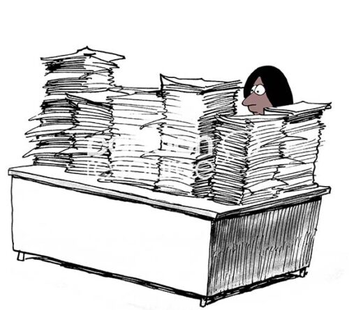 Color illustration of a black female professional sitting at her desk filled with stacks and stacks of paperwork. She has been ignoring it.