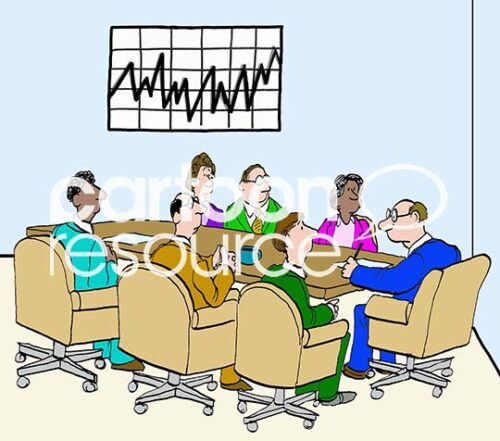 Color illustration of black and white coworkers in a meeting with white boss and a chart showing inconsistent sales results.