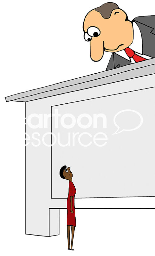 Color illustration showing an Indian businesswoman made to feel very small by her white coworker.