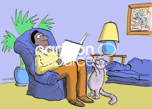 Color illustration of a black man resting in his comfortable, inflatable chair but his cat is clawing it and it is deflating.