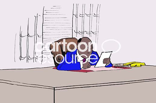 Color illustration of a black male professional leader reading a memo recommending a new product innovation.