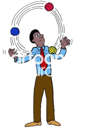 Color illustration of a black executive juggling many balls, he is a great multitasker.