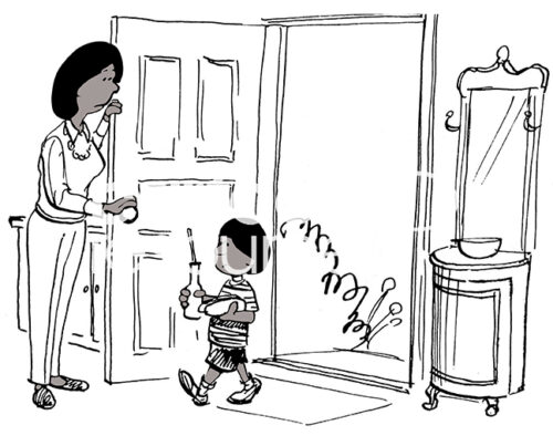 B&W illustration of an African American Mom opening the door for her son, who is carrying lots of junk food to eat.