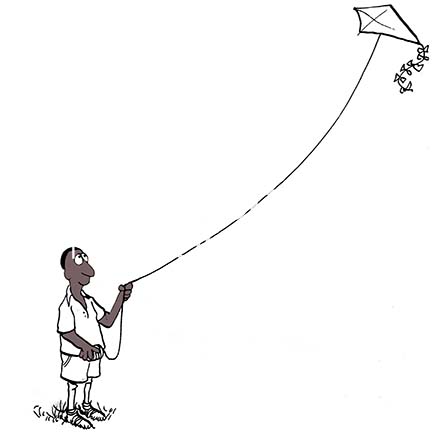 Color illustration of a black man smiling and flying a kite.