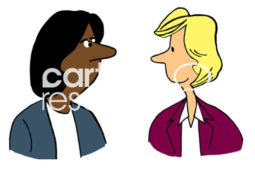 Color illustration of two LGBTQ+ professional women, one black and one white, smiling and looking at each other.