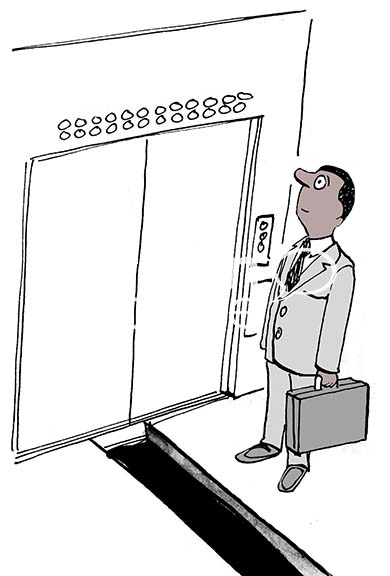 Color illustration of a black male professional with a concerned look on his face. He is in an elevator and the floor is opening below him.