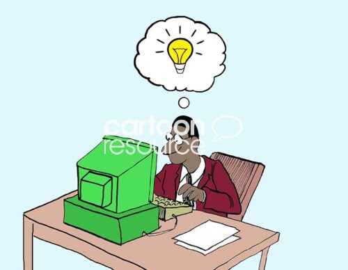 Color illustration of a black male professional studiously working on his computer and a light bulb has just gone off in his mind, representing a new idea.
