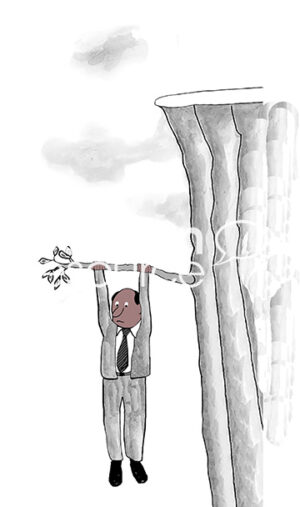 Color illustration of a black male professional who has fallen off a cliff and is, literally, hanging on a limb.