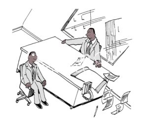 B&W illustration of two black stock brokers experiencing a shift in the stock market so huge that everything in their office is at a steep angle.