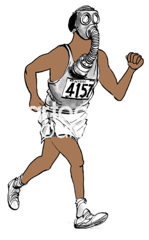 Color illustration of a black runner who has to wear an air mask to breathe while running the air pollution is so bad.
