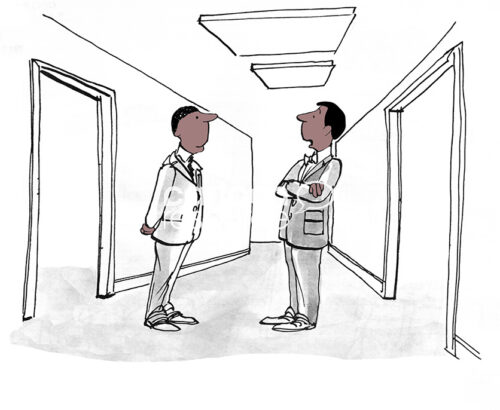 Color illustration of two black male professionals having a hallway conversation.