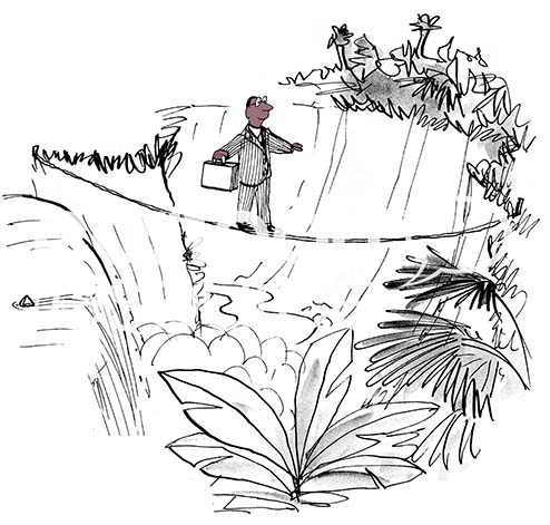 Color illustration of a black professional man walking a tightrope over a chasm in a jungle.