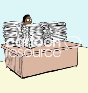 Color illustration of a black professional man sitting at a desk filled with stacks and stacks of papers, too much to do.