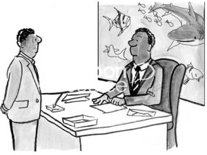 B&W illustration of a black boss sitting at his desk with sharks swimming outside his window. The other black businessman realizes the company is sinking financially.
