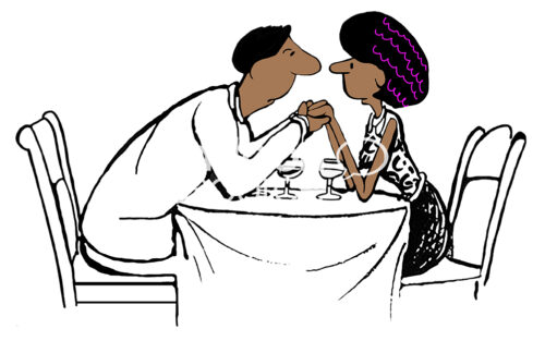 Color illustration of a black couple sitting in a restaurant and holding hands.