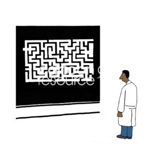 Color illustration of a black professional scientist looking at a complex chart, a maze, it is his path to progress.