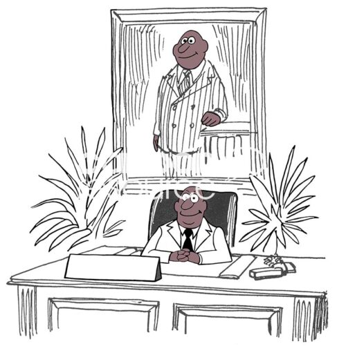Color illustration of black business leader smiling as he sits below his large portrait.