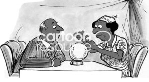 B&W illustration of a black professional man asking a female black gypsy if race relations will improve.