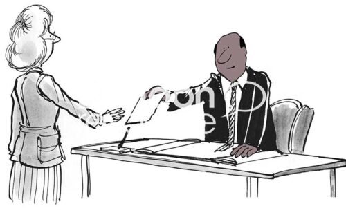 Color illustration of black male professional boss giving female manager a memo to write.
