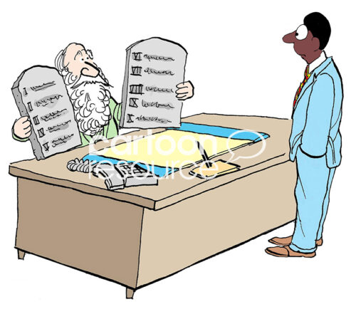 Color illustration of black professional man looking at his white boss (Moses) holding two tablets of rules he must follow.